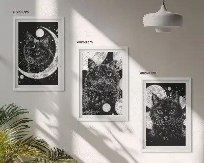 Three-piece wall art set black cats on the moon in space