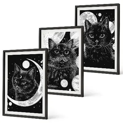 Three-piece wall art piece Black cats moon space