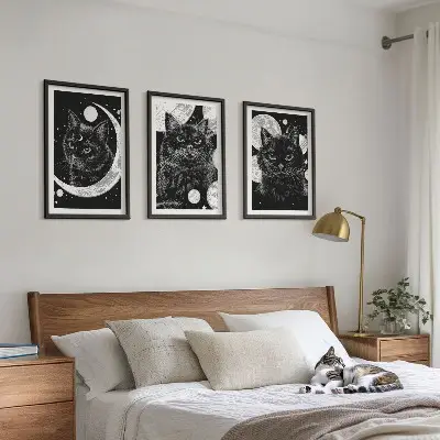 Three-piece wall art piece Black cats moon space