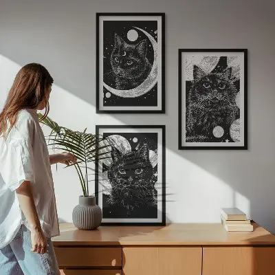 Three-piece wall art set black cats on the moon in space