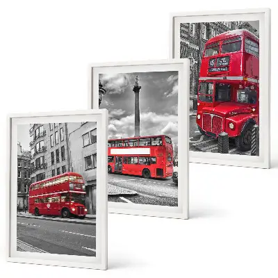 Set of 3 framed wall art pieces featuring London red buses