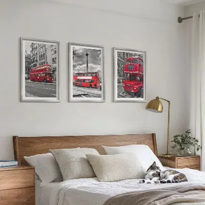 Set of 3 framed wall art pieces featuring London red buses
