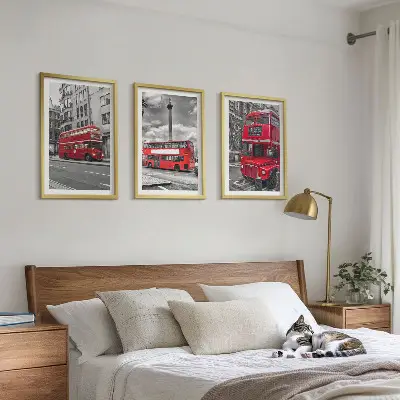 Set of 3 framed wall art pieces featuring London red buses