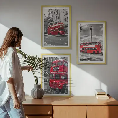 Set of 3 framed wall art pieces featuring London red buses