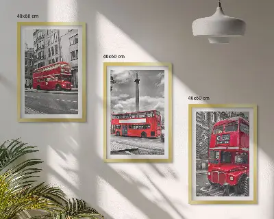 Set of 3 framed wall art pieces featuring London red buses