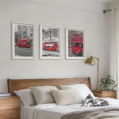 Set of 3 framed wall art pieces featuring London red buses