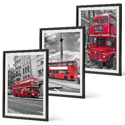 Set of 3 framed wall art pieces featuring London red buses