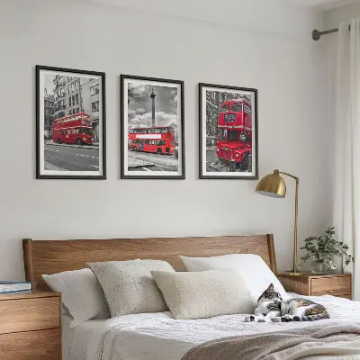 Set of 3 framed wall art pieces featuring London red buses
