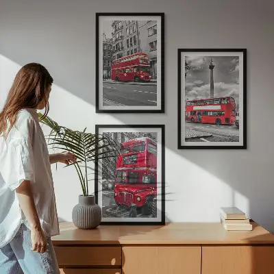 Set of 3 framed wall art pieces featuring London red buses