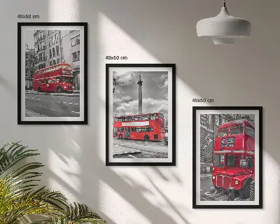 Set of 3 framed wall art pieces featuring London red buses