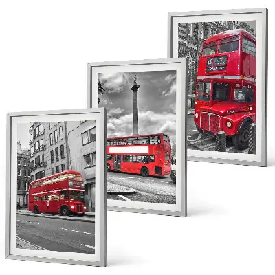 Set of 3 framed wall art pieces featuring London red buses