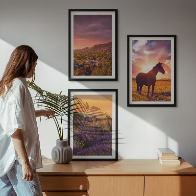 Three-piece wall art piece Mountain landscape with a horse