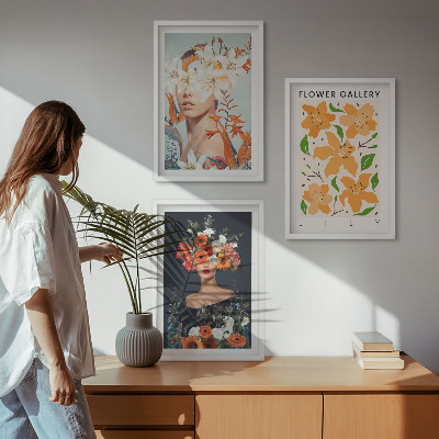 Set of 3 framed wall art pieces Floral portraits with bouquets