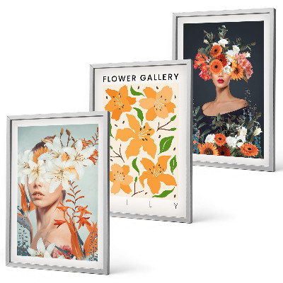 Set of 3 framed wall art pieces Floral portraits with bouquets