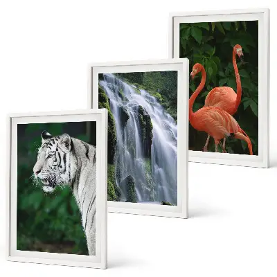 Three-piece nature wall art set featuring a tiger, waterfall, and flamingos