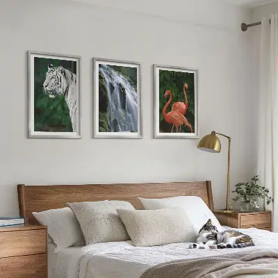 Three-piece nature wall art set featuring a tiger, waterfall, and flamingos
