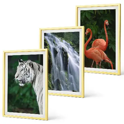 Three-piece nature wall art set featuring a tiger, waterfall, and flamingos