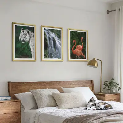 Three-piece nature wall art set featuring a tiger, waterfall, and flamingos