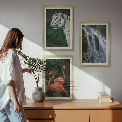 Three-piece nature wall art set featuring a tiger, waterfall, and flamingos