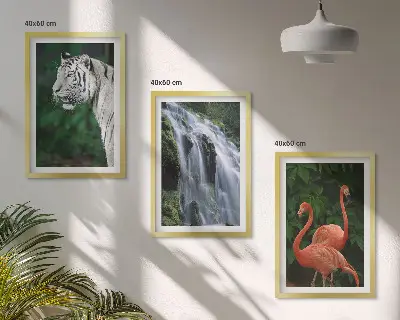 Three-piece nature wall art set featuring a tiger, waterfall, and flamingos