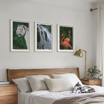 Three-piece nature wall art set featuring a tiger, waterfall, and flamingos