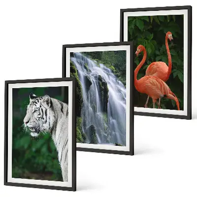 Three-piece nature wall art set featuring a tiger, waterfall, and flamingos