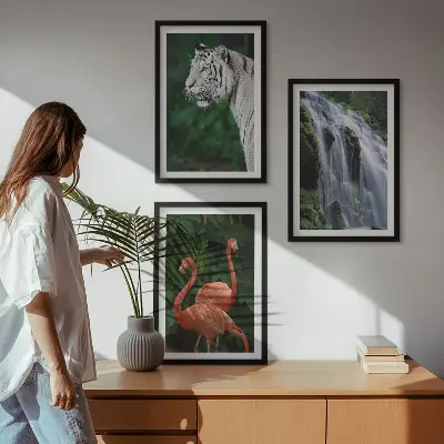 Three-piece nature wall art set featuring a tiger, waterfall, and flamingos