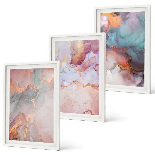 Set of 3 framed wall art pieces with abstract pastel patterns