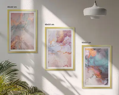 Set of 3 framed wall art pieces with abstract pastel patterns