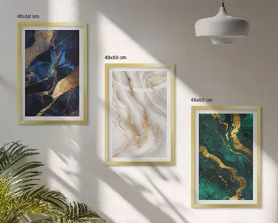 Set of 3 framed wall art pieces with abstract blue and green patterns