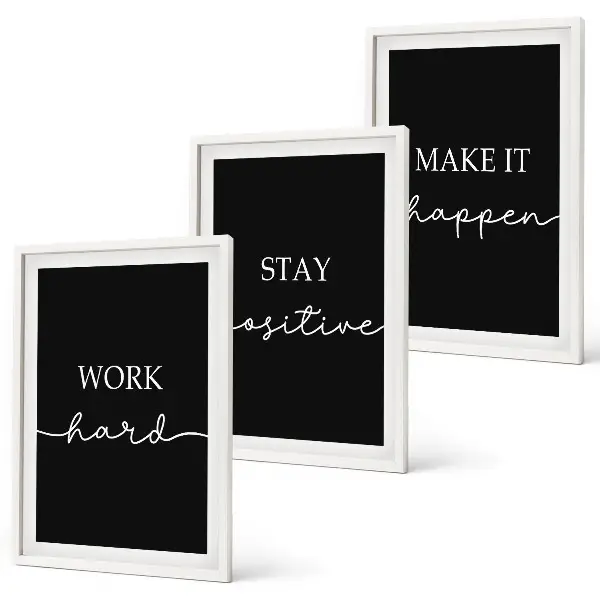 Three-piece wall art set with elegant motifs on black