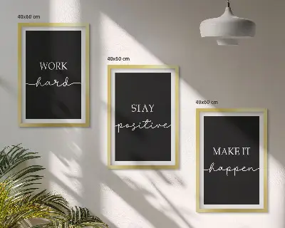 Three-piece wall art set with elegant motifs on black