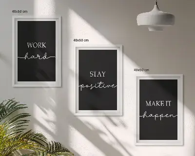 Three-piece wall art set with elegant motifs on black