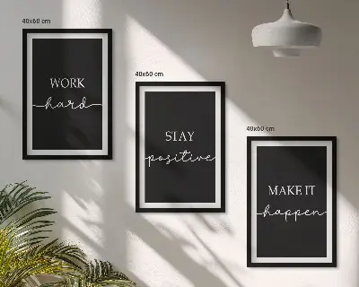 Three-piece wall art set with elegant motifs on black