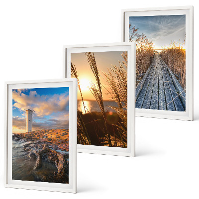Set of 3 framed wall art pieces Lighthouse grass jetty
