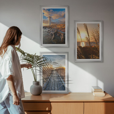 Set of 3 framed wall art pieces Lighthouse grass jetty