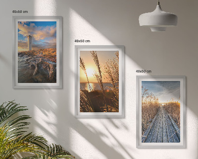 Set of 3 framed wall art pieces Lighthouse grass jetty