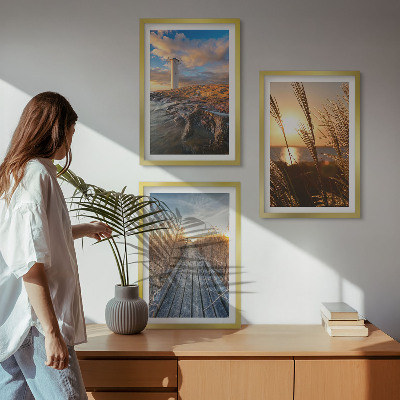 Set of 3 framed wall art pieces Lighthouse grass jetty