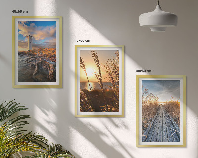 Set of 3 framed wall art pieces Lighthouse grass jetty