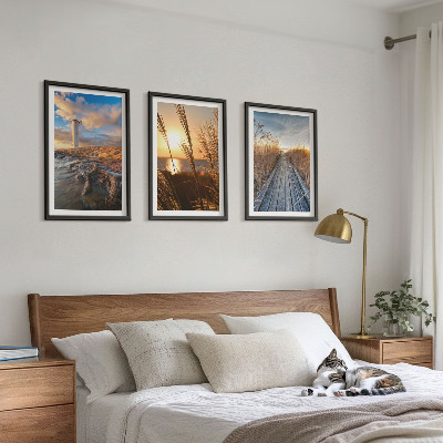 Set of 3 framed wall art pieces Lighthouse grass jetty