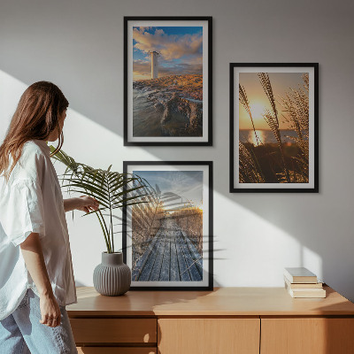 Set of 3 framed wall art pieces Lighthouse grass jetty