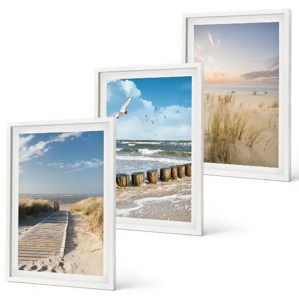 Wall art set featuring a coastal beach scene with sand, waves, sky, and birds