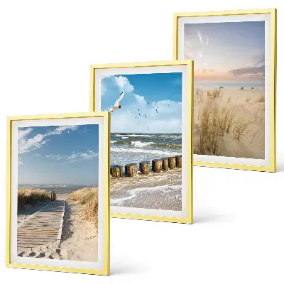 Wall art set featuring a coastal beach scene with sand, waves, sky, and birds