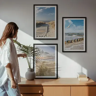 Wall art set featuring a coastal beach scene with sand, waves, sky, and birds