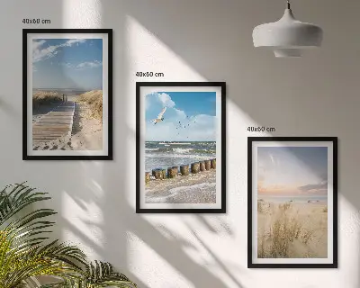 Wall art set featuring a coastal beach scene with sand, waves, sky, and birds