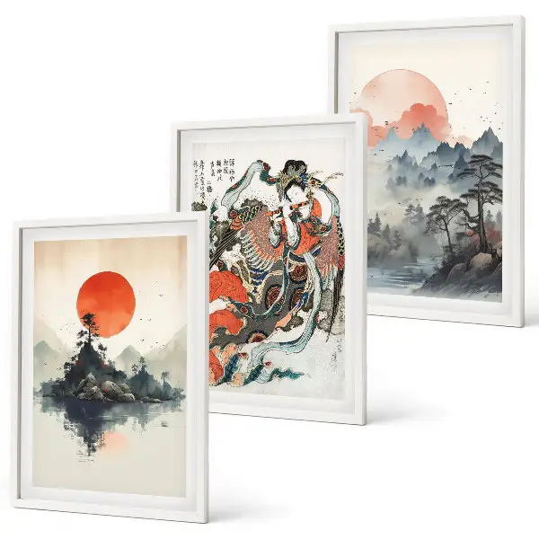 Three-piece wall art set Asian Japandi style paintings
