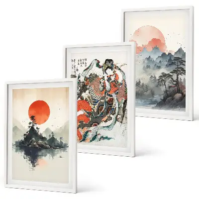 Three-piece wall art set Asian Japandi style paintings