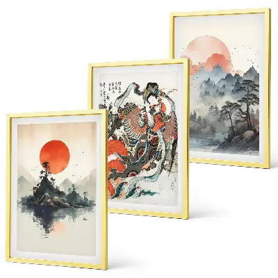 Three-piece wall art set Asian Japandi style paintings