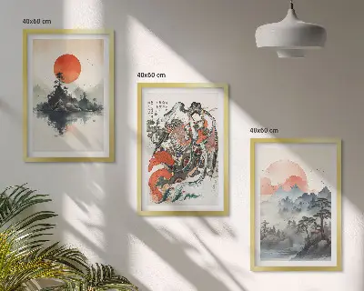 Three-piece wall art set Asian Japandi style paintings