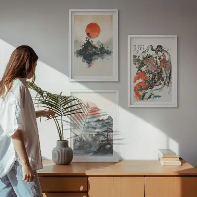 Three-piece wall art set Asian Japandi style paintings
